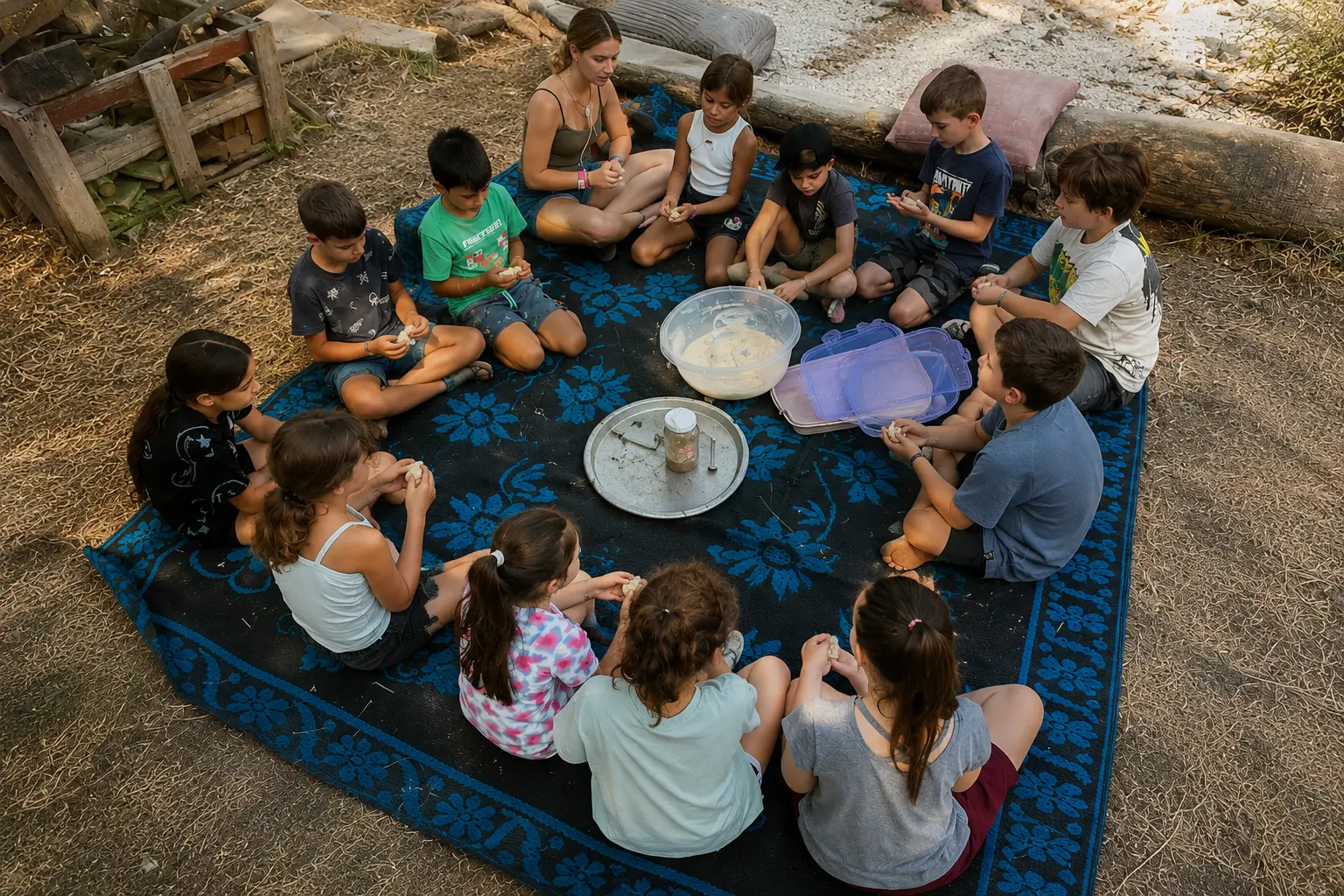 קבוצת ילדים יושבת במעגל ומכינה אוכל יחד בטבע